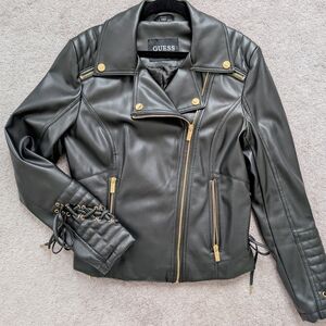 Guess Women's Black Faux Leather Moto Jacket with Gold Accents